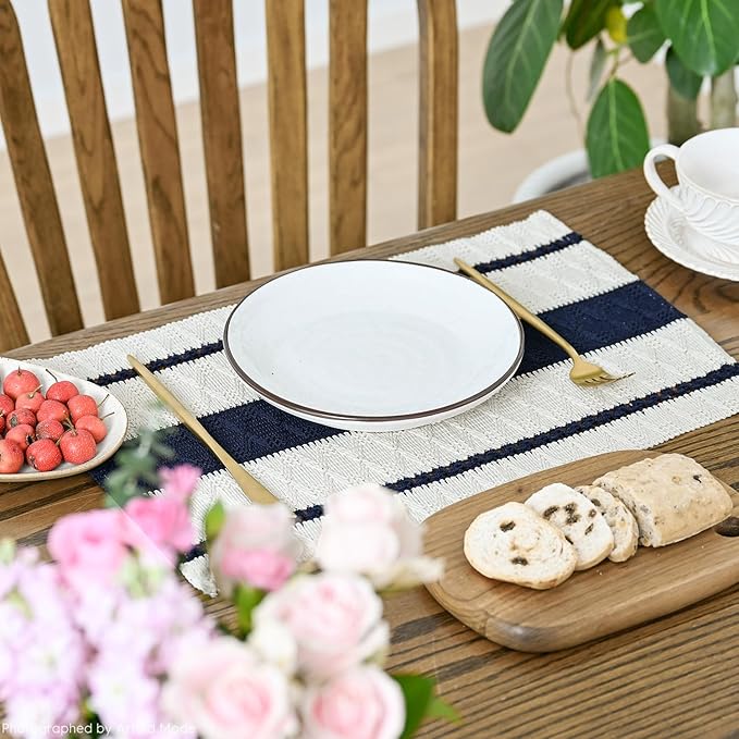 Artoid Mode Dark Blue Farmhouse Woven Rustic Placemats Set of 4,12x18 Inch Seasonal Holiday Hollow Table Mats Party Kitchen Dining Decoration