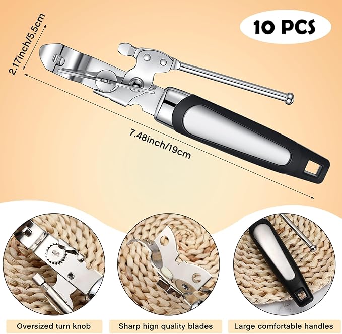 Gisafai 10 Pcs Can Opener Manual Bulk Smooth Edge with Sharp Blade and Soft Non Slip Grip Handle Heavy Duty Handheld Safety Can Opener, Black and Silver