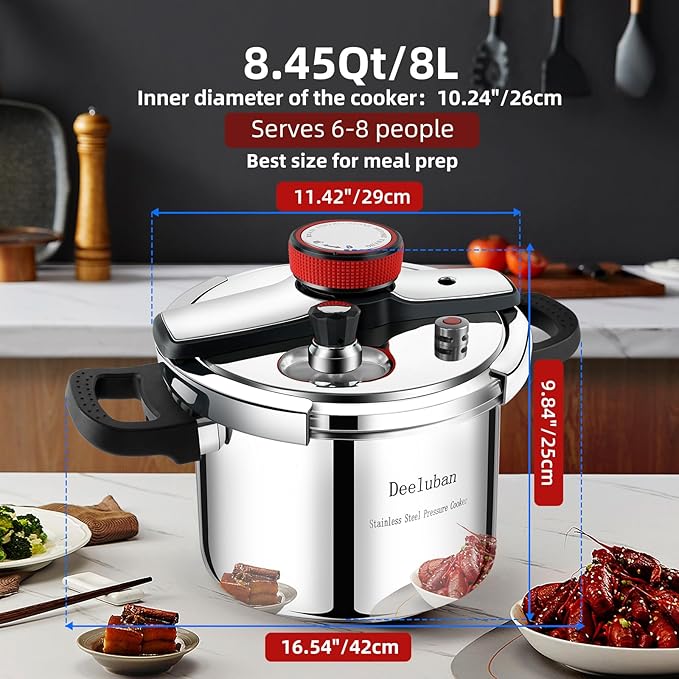 8.46 Quart Stainless Steel Pressure Cooker, Large Capacity Stovetop Pressure Cooker, Induction Ready, Heavy Duty Construction, Safe Pressure Cooker for Family Meals