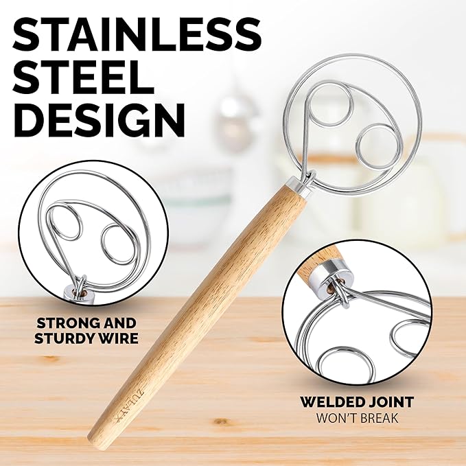 Zulay Kitchen Double-Eye 13" Danish Dough Whisk - Durable Easy Mixing Bread Whisk, Stainless Steel Danish Dough Hook, Sourdough Whisk For Mixing, Traditional Dutch Whisk, Dough Mixer Tool - Acacia