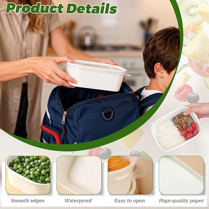 DI QIU REN 50-Pack 29oz Disposable Meal Prep Containers with Lids & Forks, Kraft Paper Bowls To Go Take Out Food Containers with Lids, Microwave & Freezer Safe (White Kraft Paper, 29oz 50 Count)