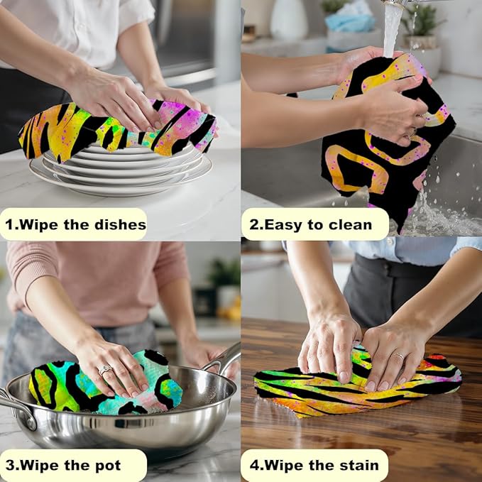 3 Pcs Colorful Zebra Print Kitchen Towels, Trendy Decorative Absorbent Microfiber Dish Cloth Tea Towel, Waffle Soft Hand Towels for Farmhouse Home Bathroom