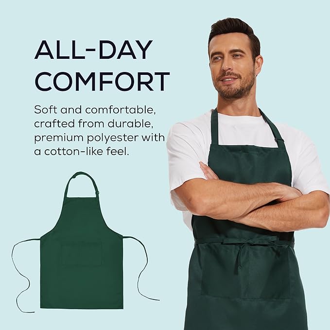Will Well Kitchen Apron for Men and Women - 33" x 27" Oil-and-Water-Resistant with Adjustable Neck Strap and 38" Waist Ties for a Snug Fit, Lightweight with 2 Front Pockets - 1-Pack, Green