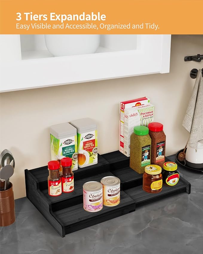 VenDotbi Spice Rack, 3-Tier Expandable Bamboo Spice Rack Organizer for Cabinet, Kitchen, Pantry and Cupboard Storage Organizer-Black(2pack)