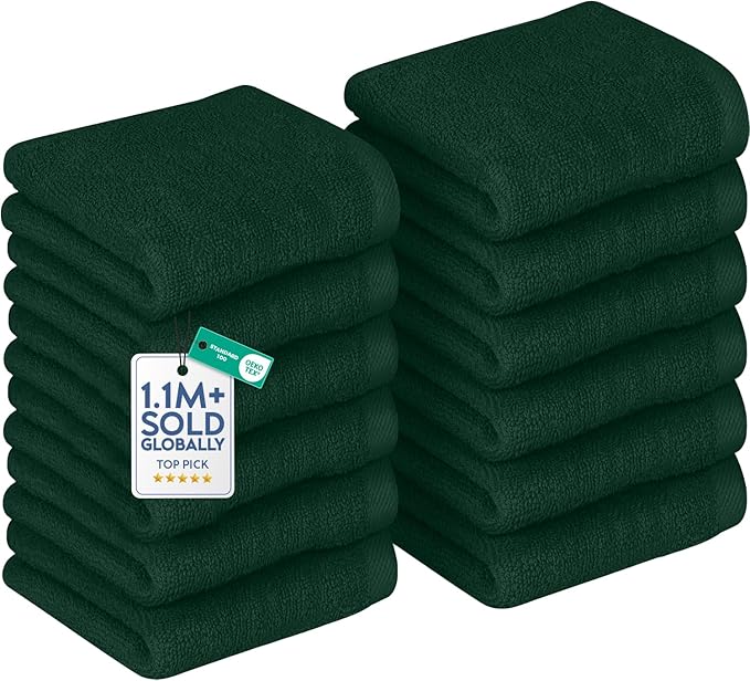 DAN RIVER 12 Pack Wash Cloths for Showering [12x12] - 100% Cotton Washcloths Premium Quality Flannel Face Cloths for Bathroom, Highly Absorbent and Soft Feel Wash Clothes, Hunter Green