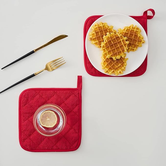 Kitchen Pot Holders Set Heat Resistant Pure Cotton Potholders Kit Trivets Large Coasters Hot Pads Terry Pot Holders for Everyday Cooking and Baking by 7 x 7 Inch Set of 6 Red