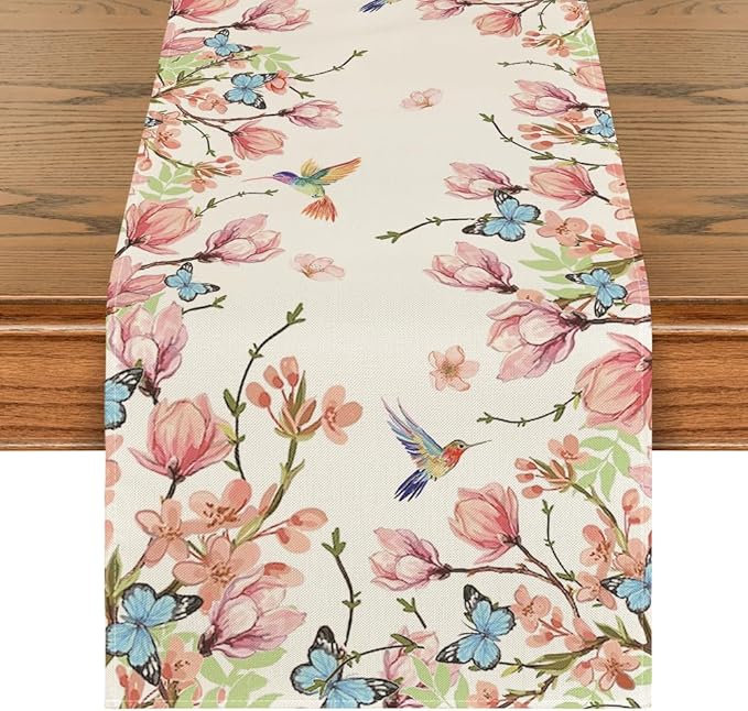 Artoid Mode Flowers Bird Butterfly Spring Table Runner, Seasonal Kitchen Dining Table Decoration for Home Party Decor 13x90 Inch