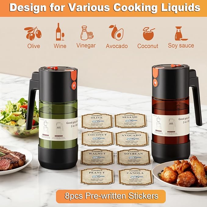 2-IN-1 Oil Sprayer for Cooking with 8 Stickers Light-Blocking Dark Glass Olive Oil Dispenser Bottle for Kitchen 500ml/16.9oz Oil Mister for Air Fryer, BBQ,Salad Even Spray with Portion Control-2PC