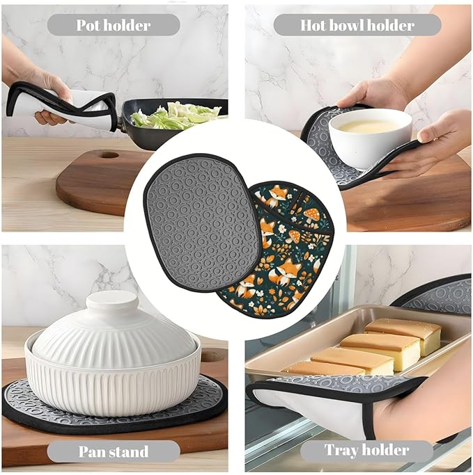 Fox Silicone Pot Holders Set of 2, Heat Resistant up to 500°F, Non-Slip Kitchen Hot Pads with Pocket and Soft Quilted Cotton Lining for Baking, Cooking and Hot Pots