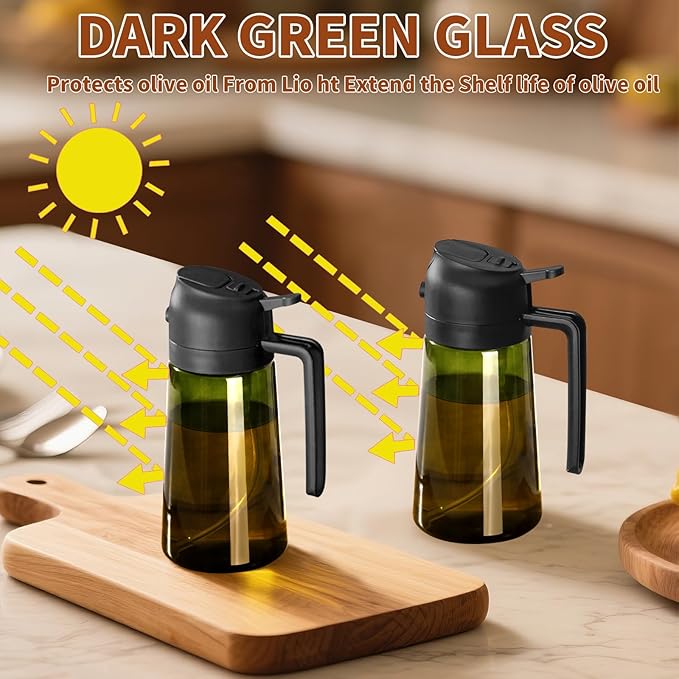SWEET VIEW 2PCS Olive Oil Dispenser and Oil Sprayer – 16oz/470ml Glass Light-Proof Oil Pourer for Kitchen Air Fryer, Cooking, Salad, and BBQ, with Stickers