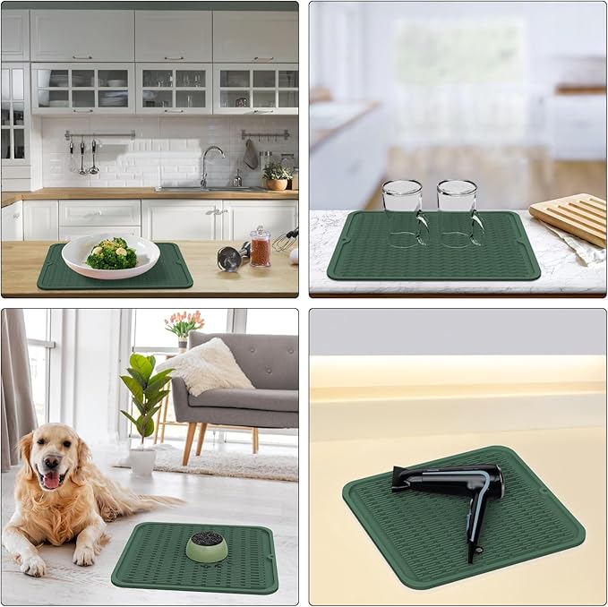 ZLR Silicone Dish Drying Mat & Heat Resistant Trivet (12" x 16") - Waterproof Counter Protector for Air Fryer, Coffee Maker - Non-Slip, BPA Free Kitchen Pad, Easy Clean Dishwasher Safe (Green)