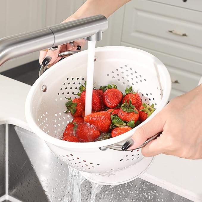 Rorence Powder Coated Steel Colanders: 3 Quart and 5 Quart Set of 2 - White