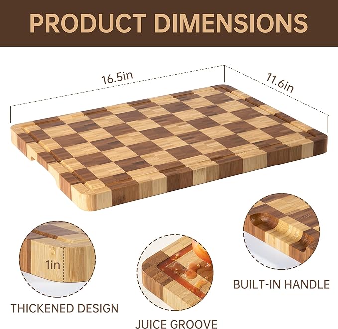 Bamboo Cutting Boards for Kitchen, End Grain Wood Cutting Board with Juice Grooves & Handles, Charcuterie Checkered Chopping Board Thick Butcher Block Serving Tray with Gift Box, 16.5"×11.6"× 1"