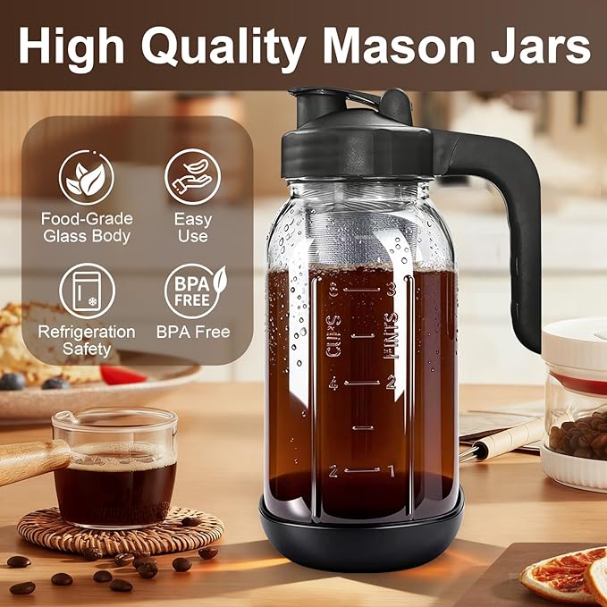Cold Brew Coffee Maker,64 oz Mason Jar Pour Spout Lid, Coffee Carafe,Refillable Stainless Steel Filter,Non-slip Silicone Sleeve for Glass Pitcher, For Home Baristas & Coffee Enthusiasts