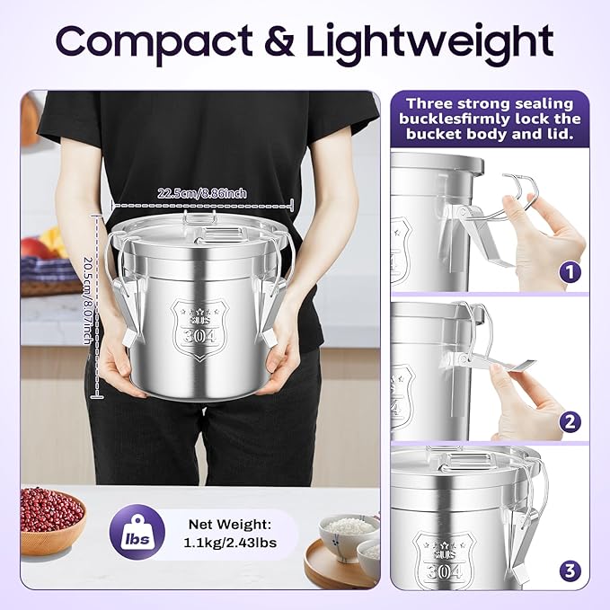 6L Stainless Steel Airtight Canister Rice Cereal Grain Canisters Container Food Oil Sugar Milk Storage Bucket w/Handles+Lid Cylinder Jar for Household Kitchen Bar Restaurants Silver (6L)