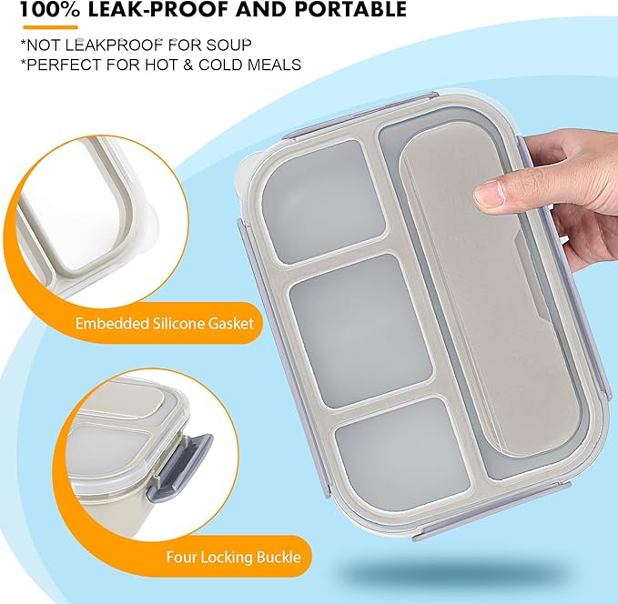 Yumuk Bento Box Adult, Lunch Box Containers for Adults Men Women, 5 Cup Bento with 4 Compartments &Spork &Sauce Box, Leak-Proof, Microwave/Dishwasher Safe(Beige)