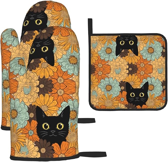 Black Cat Oven Mitts Heat Resistant Set of 3, Retro Orange Floral Oven Gloves and Hot Pads for Cooking Baking Grilling BBQ, Cat Lover Gifts for Women Baker, Cute Kitchen Mitts