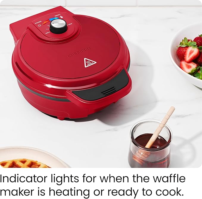 Chefman Anti-Overflow Belgian Waffle Maker w/Shade Selector, Temperature Control Mess Free Moat, Round Iron w/Nonstick Plates & Cool Touch Handle, Measuring Cup Included, Red