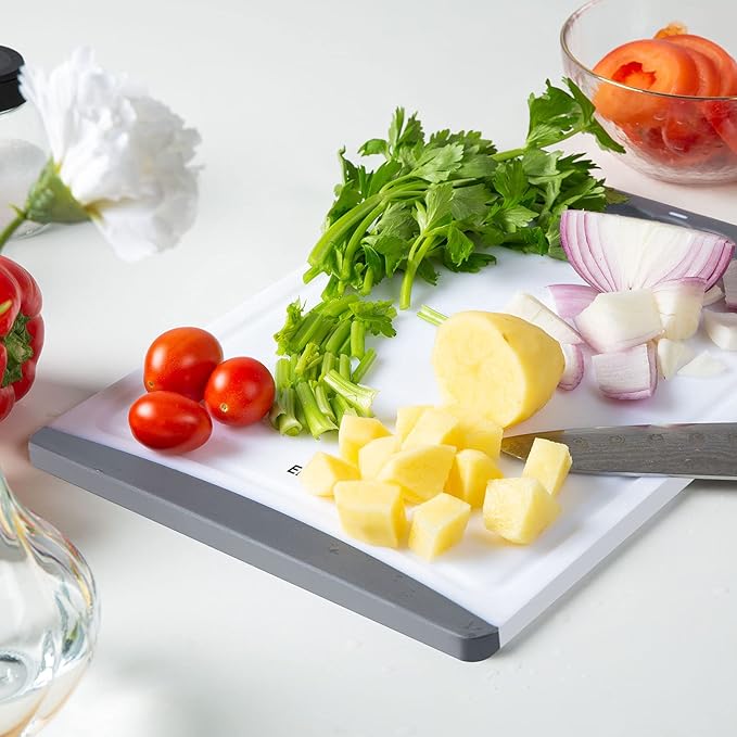 Extra Large Cutting Boards, Plastic Cutting Boards for Kitchen (Set of 4) Cutting Board Set Dishwasher Safe Chopping Board with Juice Grooves Easy-Grip Handles, Grey, Empune
