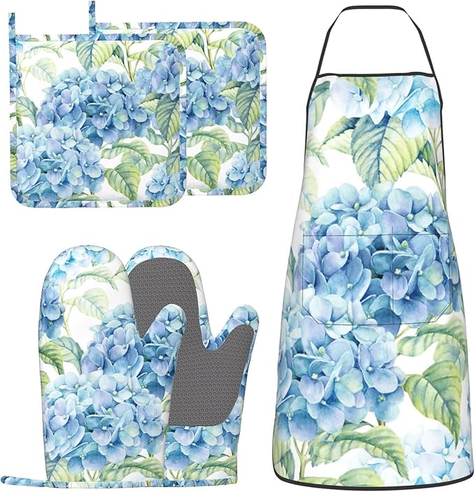 Blue Hydrangea Flowers Watercolor Oven Mitts Pot Holders Cooking Apron Set of 5 Silicone Kitchen Glove Apron Non-Slip Heat Resistant for Chef Baking Cooking Grilling BBQ