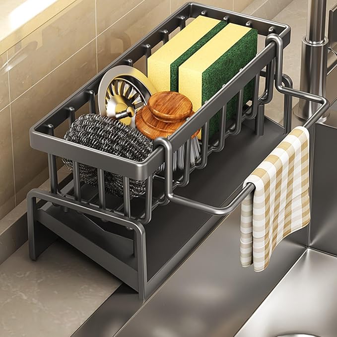 Sponge Kitchen Sink Caddy Organizer Brush Sink Sponge With Auto Draining Tray, Self Drain Dish Soap Caddy, 9.05" Lx4.33 Wx3.93 H (gray)