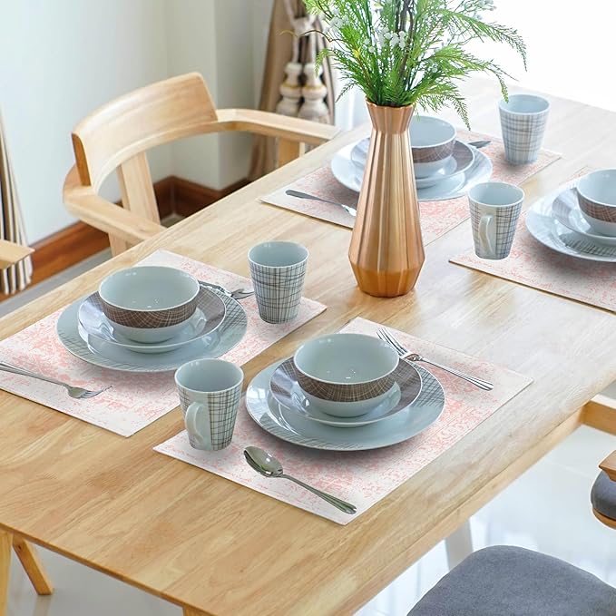 aportt Gray Pink Boho Placemats Set of 4 Ethnic Bohemian Carpet Place Mats Washable Kitchen Dining Vintage Grey Geography Floral Linen Table Mats Stain Heat-Resistant for Home Party Indoor 12x18 in