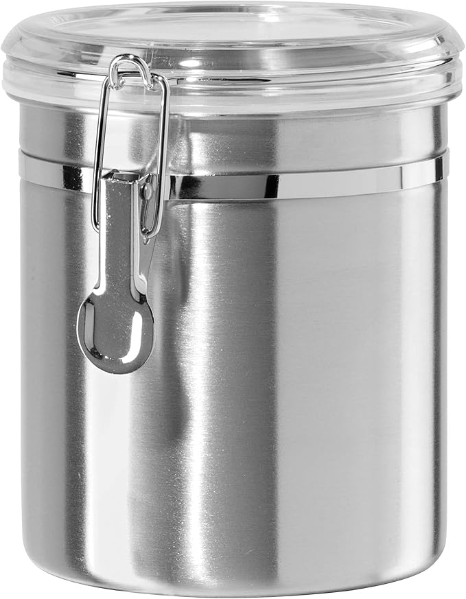 OGGI Stainless Steel Kitchen Canister 47oz - Airtight Clamp Lid, Clear See-Thru Top - Ideal for Kitchen Storage, Food Storage, Pantry Storage. Large Size 5" x 6"