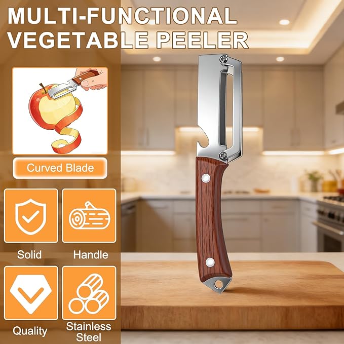2PCS Premium 2-in-1 Vegetable Peeler with Wooden Handle, Stainless Steel Blade & Bottle Opener, Multi-Purpose Kitchen Tool for Apple, Potato, Pumpkin, Papaya & Various Fruits/Vegetables (Wood+Black)