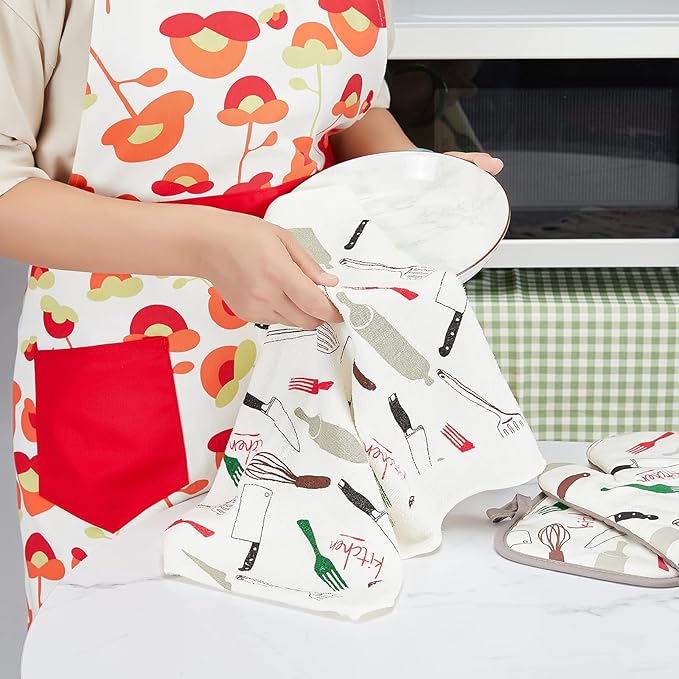 Oven Mitts and Potholders Dish Towles Set 100% Cotton for Perfect for Gifting, Baking, and Everyday Cooking Durable Heat Resistant for Kitchen and Machine Washable (3-Piece Fork and Knife)