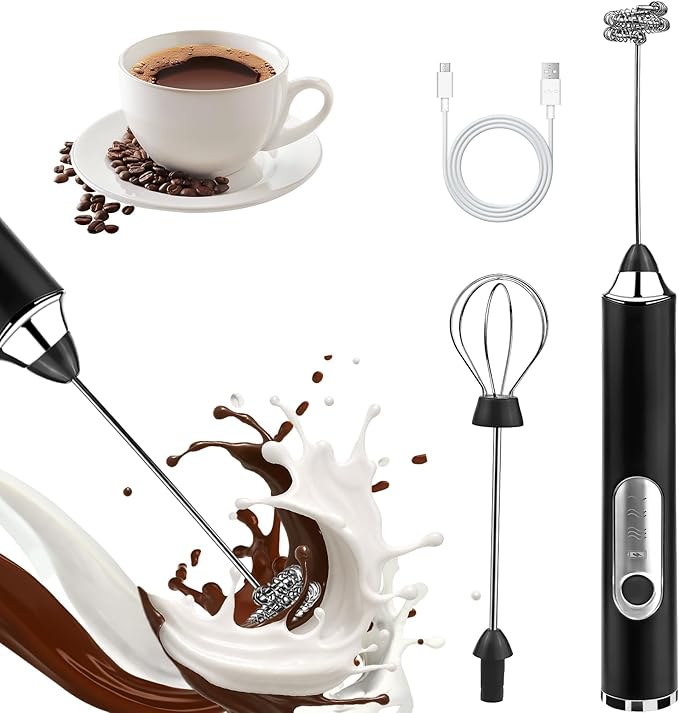 Handheld Milk Frother, rechargeable milk frother with 2 Stainless Steel Whisks 3 Speeds Electric Drink Mixer, Coffee Mixer Wand for Latte, Cappuccino, Matcha, Hot Chocolate, Egg (Black)