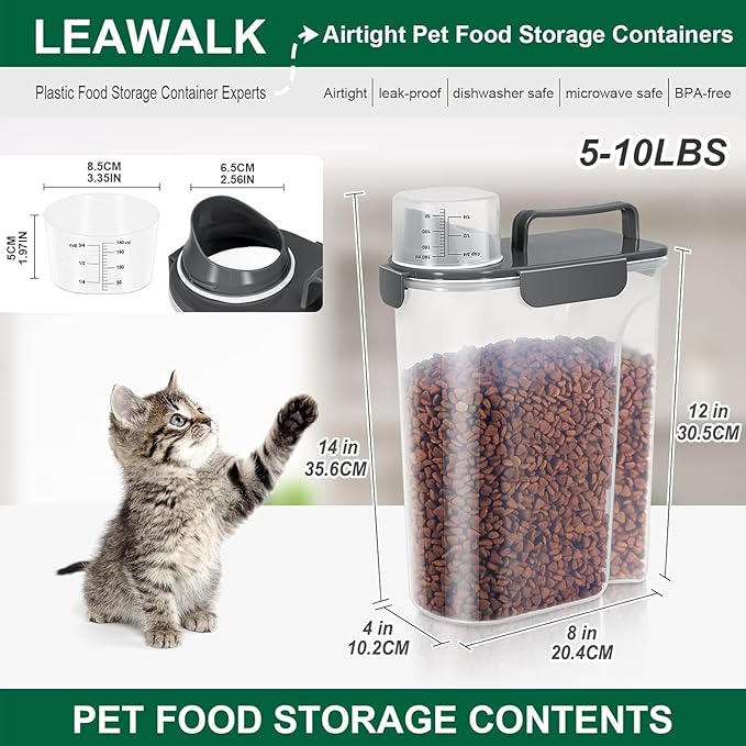 LEAWALK 5Lbs Airtight Cat Dog Food Storage Container with Upgraded Large Nozzle BPA-Free, Pet Food Storage Containers for Rice, Grain, Pet Food, Flour, Dog Treat Storage (Dark Gray, 5L-1pack)