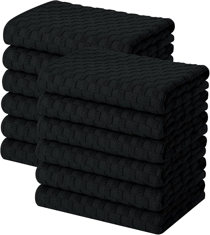 Homaxy 100% Cotton Terry Kitchen Towels(15" x 25", 12 Pack), Soft and Super Absorbent Dish Towels, 380 GSM Reusable Tea Towel with Hanging Loop, Pineapple Grid Designed, Black