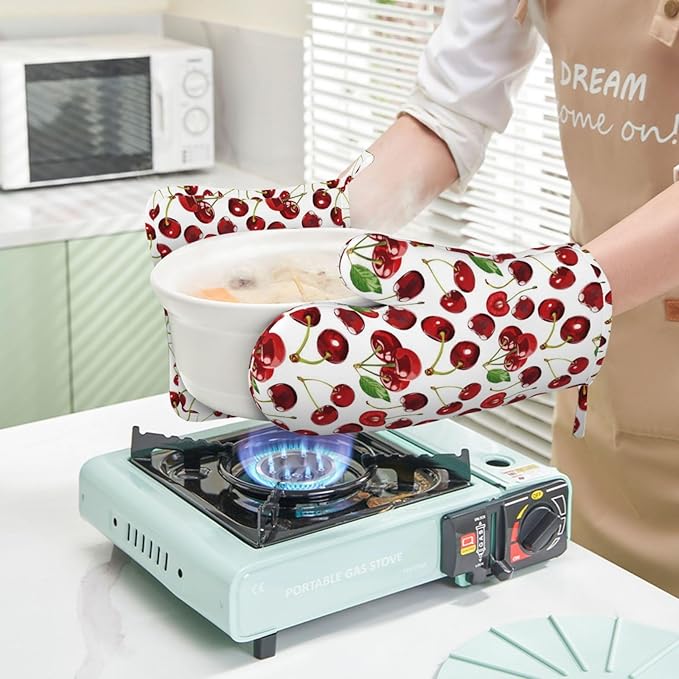 Cherry Fruit Pattern Oven Mitts and Pot Holders 4 pcs Set Silicone Cherry Fruit Kitchen Oven Mitt Gloves Pot Holders Non-Slip Heat Resistant Cooking Mitts Set for Kitchen Baking Grilling BBQ