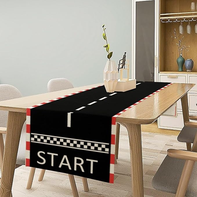 Racetrack Table Runner Racing Theme Art Printed Runner for Home Kitchen Birthday Party Dining Table Living Room Decor Fabric 1 Panel W13xL70in