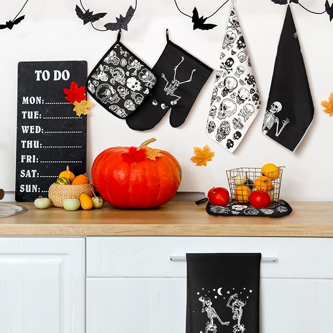 Leinuosen 8 Pcs Skull Kitchen Decor Set Kitchen Towels Gothic Oven Mitts and Pot Holders Skeleton Hand Dish Towels Horror Oven Mitts for Home Decoration Party Gifts (Black and White,Skeleton)