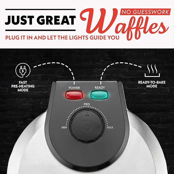 Gourmia Belgian Waffle Maker – Compact Design with Upright Storage, Adjustable Browning, and Easy-Clean Nonstick Ceramic Plates, Stainless Steel