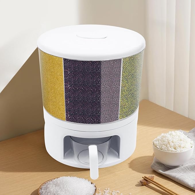 6 Grids Grain Dispenser Can, 360°Rotating Cereal Rice & Grain Storage Container Rotatable Sealed Grain Food Storage Bucket Dry Food Grain Dispenser for Grains Rice Dry Food Beans (24Lbs White)