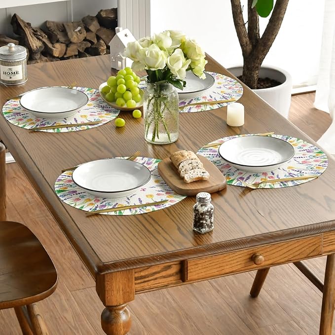Artoid Mode Lavender Tulip Spring Round Placemats Set of 4, 14 Inch Seasonal Summer Rustic Vintage Table Mats for Party Kitchen Dining Decoration