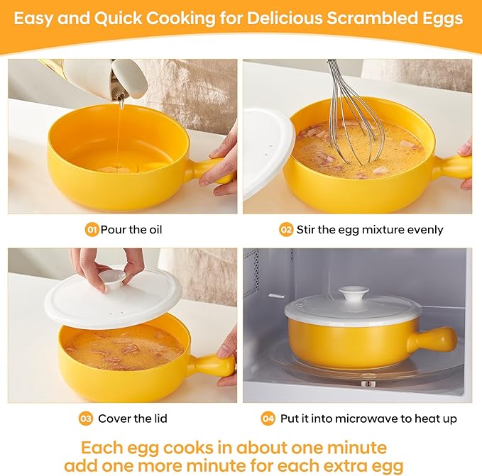 EliteVibe Ceramic Microwave Egg Cooker Scrambled with Lid, BPA-Free Non-Stick Non-Toxic & Heat-Resistant Quick Cooking Egg Maker, Dishwasher Safe, Holds Up to 3 Eggs（Yellow）