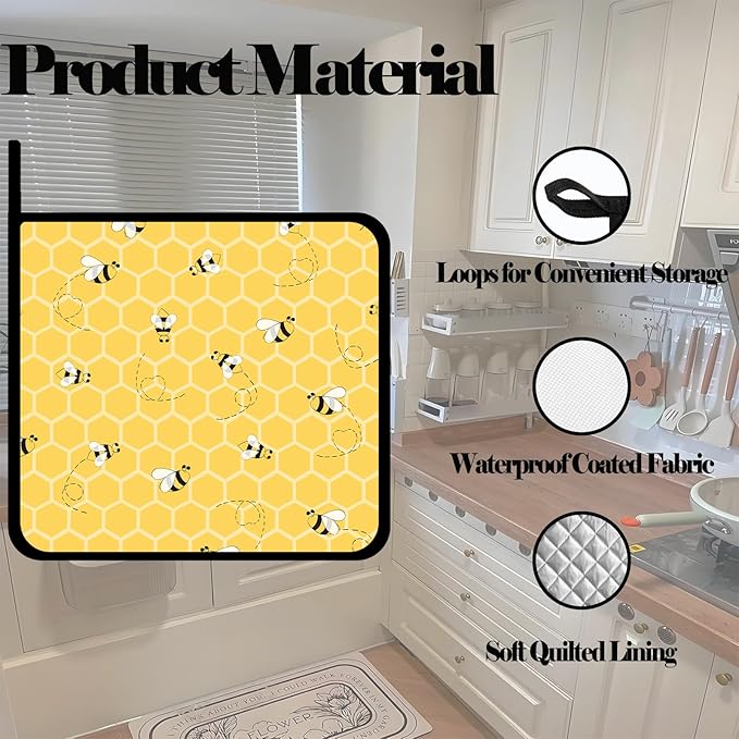 Cute Bee Honeycomb Pot Holders Set of 2,Kitchen Heat Resistant Potholders for Microwave Cooking Baking Oven and BBQ Gifts for Women