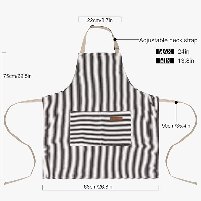 DILLMAN Kitchen Cooking Adjustable Aprons - Men Women Bib Soft Chef Stripes Apron with 2 Pockets