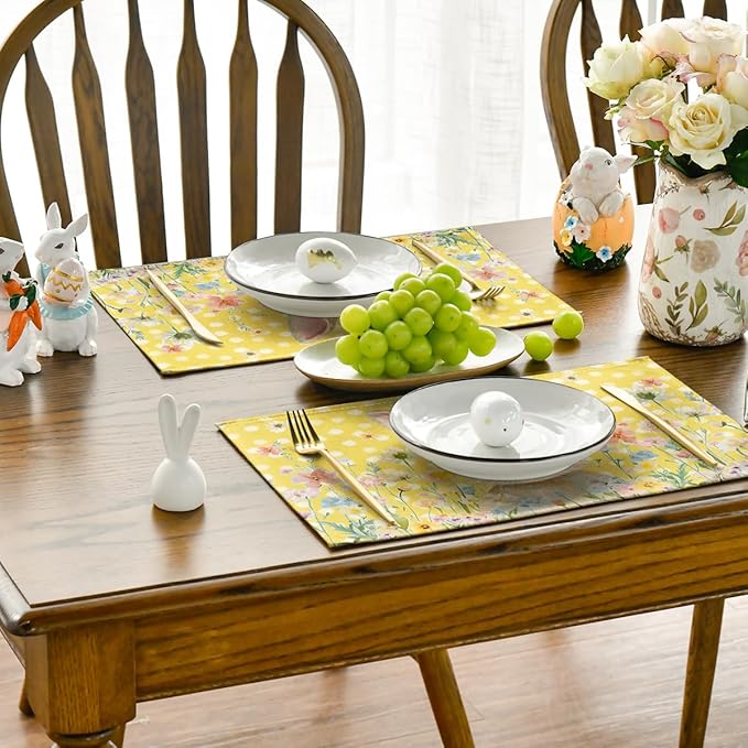 Artoid Mode Yellow Bunny Polka Dot Easter Placemats Set of 4, 12x18 Inch Flower Seasonal Spring Holiday Table Mats for Party Kitchen Dining Decoration