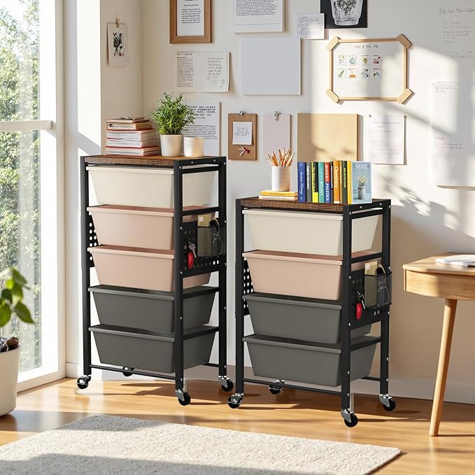 Rolling Cart with 3 Drawers, Plastic Drawer Storage Carts with Lockable Wheels & Wooden Tabletop, Metal Utility Cart Organizer, Office Bedroom Classroom Craft Organization and Storage, Dark Brown