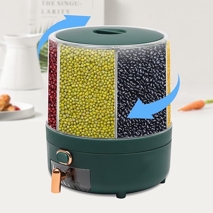 360° Rotating Grain Dispenser With 6 Grids, 13.2lbs Large Capacity Grain Dispenser Rotating Kitchen Storage Containers With Sealed Lid For Peanut Barley Millet And Cereal (Green, 14.3 lbs)