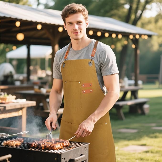 Chef Aprons for Men Women with Large Pockets, Cotton Canvas Water Repellent Kitchen Apron for Cooking