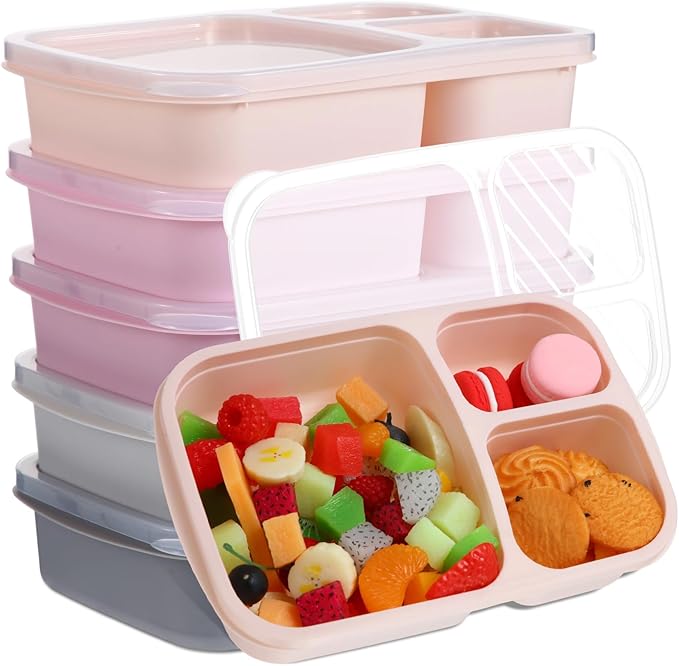 Honeydak 5 Pack Snack Containers 3 Compartment Bento Snack Boxes Divided Meal Prep Containers with Lids Reusable Adults Lunch Food Storage Box for School Work Travel(Creamy Pink Gray)
