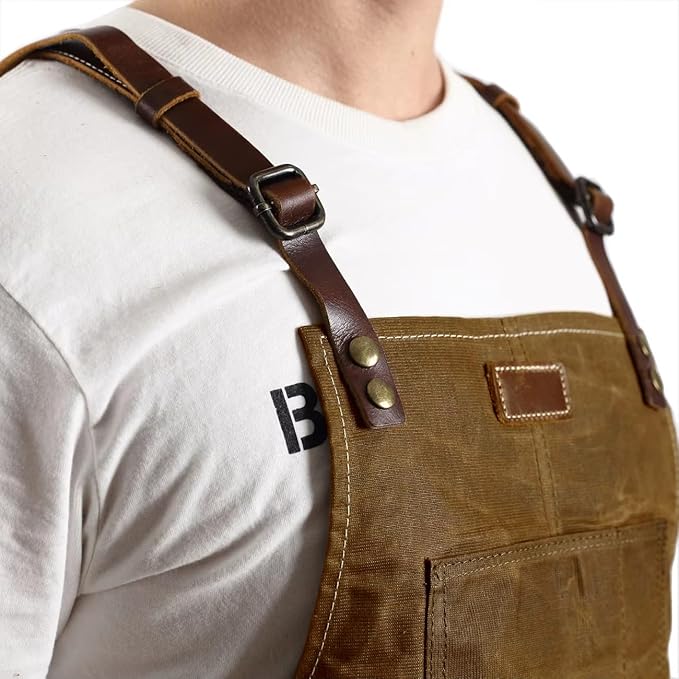 Midkit Utility Apron Adjustable Cross-Back Straps Multi-Use Portable 8oz Waxed Canvas Aprons With 5 Tool Pockets Fits M- 3XL