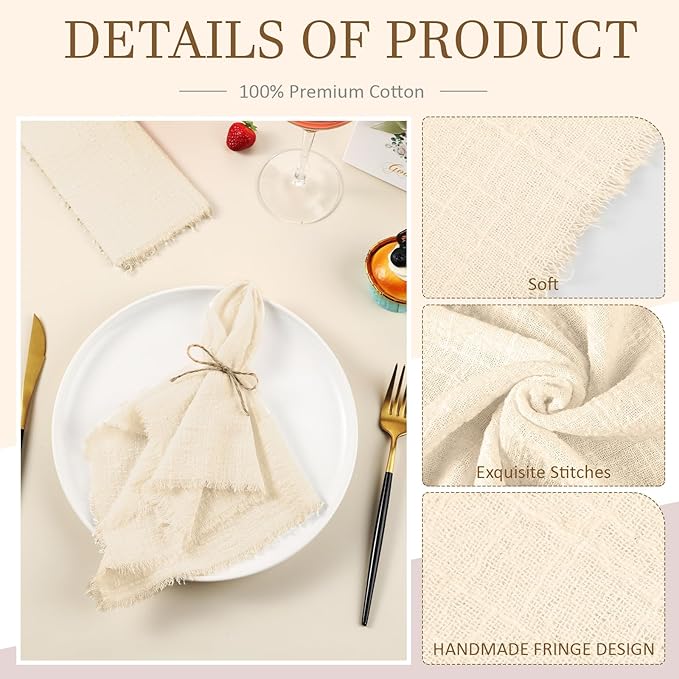 Preboun 24 Pcs Fringe Napkins Bulk Cloth Cotton Soft 17 x 17 Inch Rustic Reusable Washable Festive Square Table Napkins with Fringe for Parties Wedding Restaurant Table Accessory(Ivory)