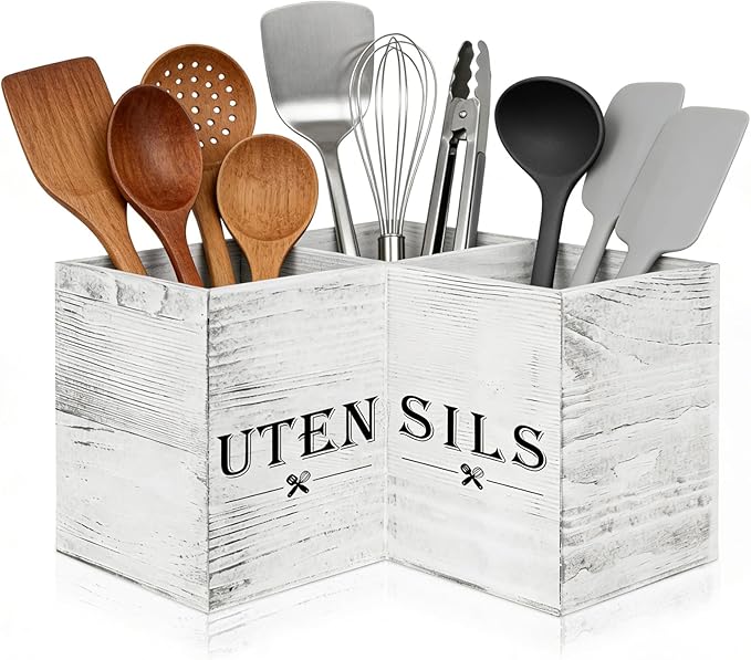 Extra Large Utensil Holder with 3 Compartments, Durable Wooden Utensil Organizer for Kitchen Countertop, Spatula and Spoon Holder Farmhouse Decor (White Grain)