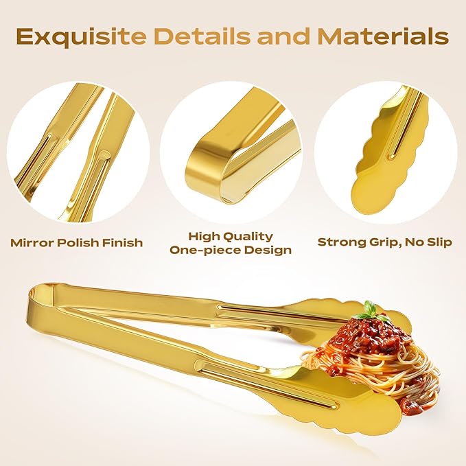 6 Pack Stainless Steel Serving Tongs, 9 Inch Gold Salad Tongs Serving Utensils Buffet Tongs Gold Plated Heavy Duty Reusable Metal Kitchen Clips for Salad, Snack, Barbecue, Catering, Wedding, Party